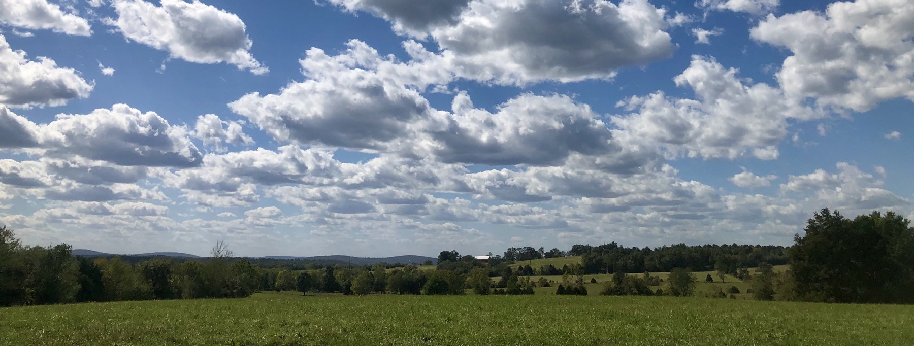 A bright blue sky with dramatic white clouds over a green farm landscape with rolling hills of fields and trees